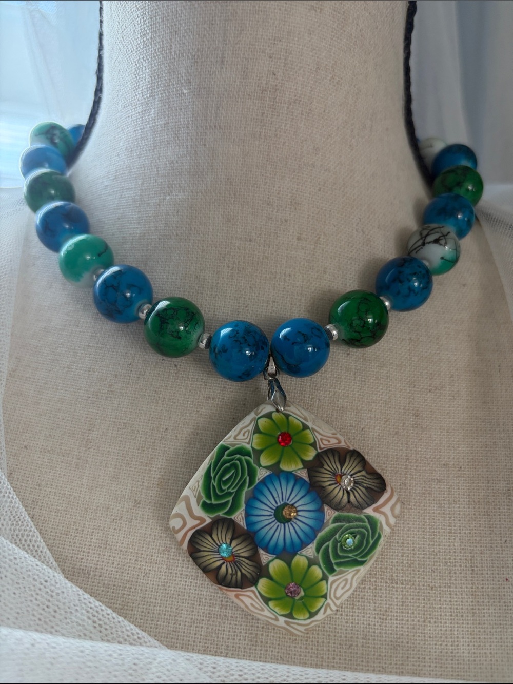 Glass beaded Floral Polymer clay Pendant Necklace Toggle clasp
